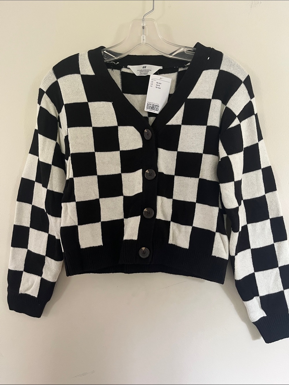 H&M Black & White Checkerboard Button-Front Cardigan